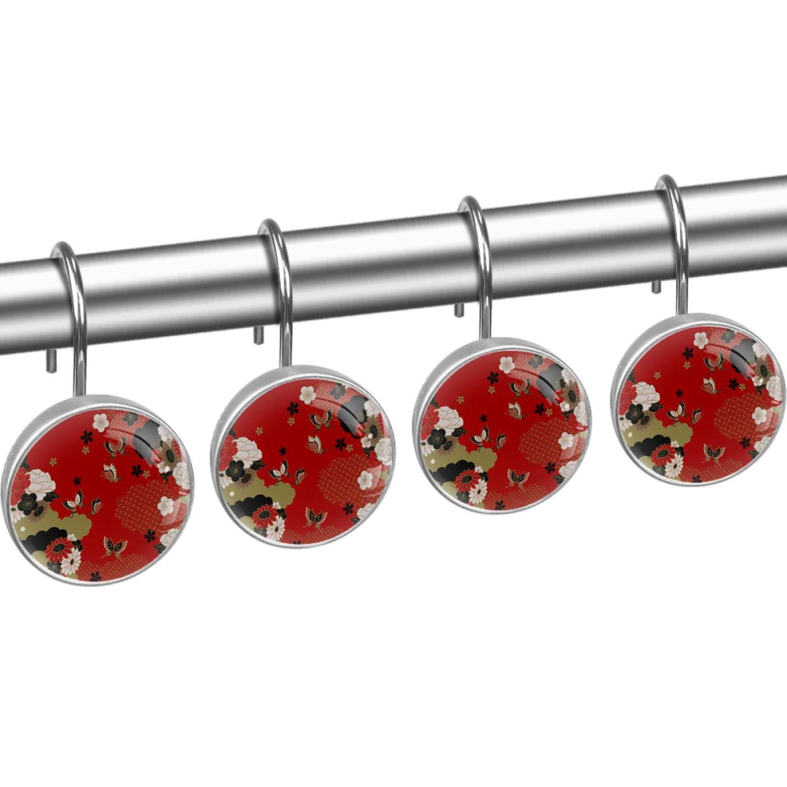 Japanese Traditional Print Shower Curtain Hooks（Set of 12）for Home Hotel Shower Rods Bathroom Crystal Glass Print Stainless Steel Round Curtain Hooks