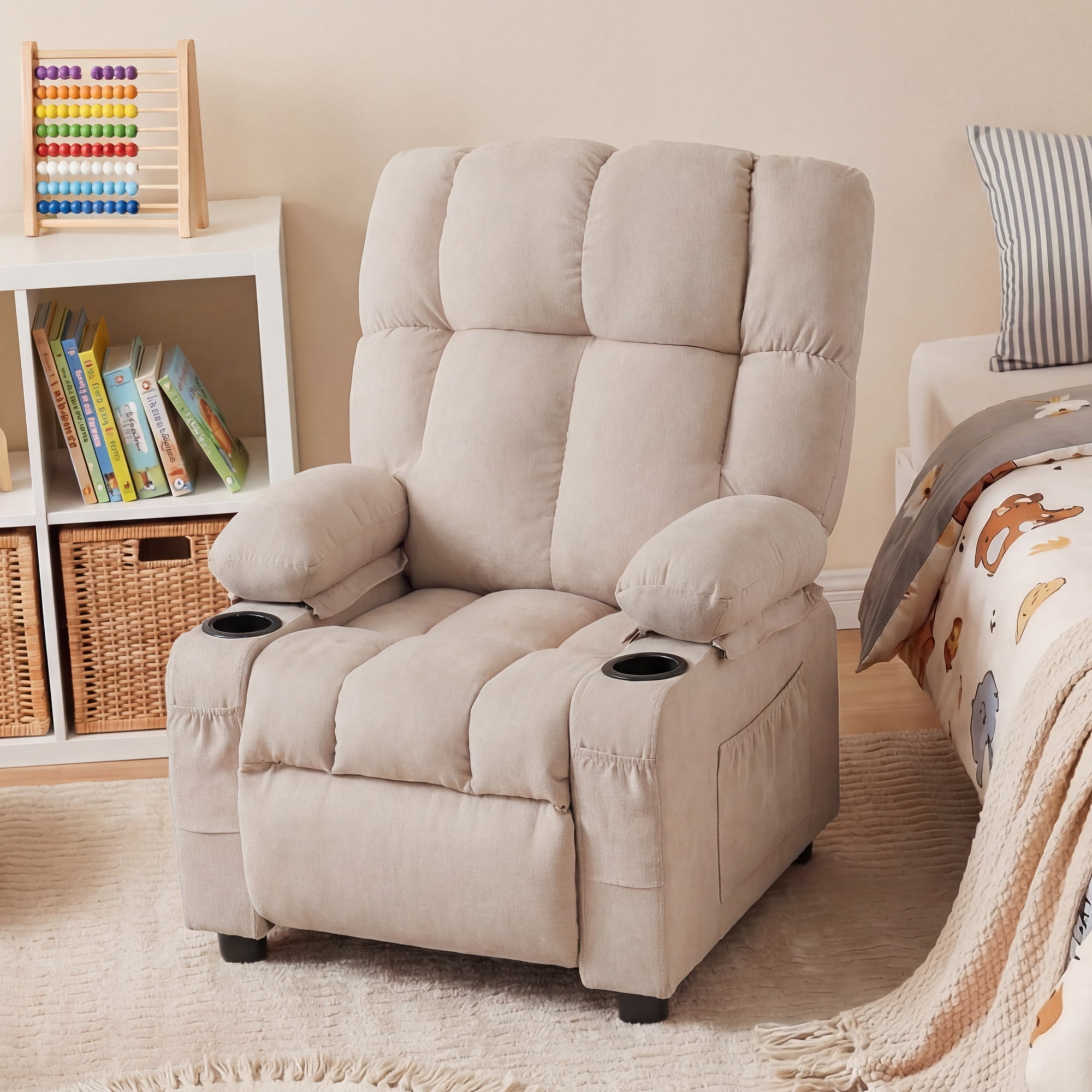 JONPONY Kids Recliner Chair,Push Back Toddler Recliner with Cup Holders & Side Pockets，Adjustable Footrest & Headrest Kids Sofa for Boys Girls 3+ Age Group，Children's Bedroom Furniture ，Beige