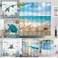 thumbnail image 2 of Cortina de ducha con diseño de océano, playa, palmeras tropicales, tortuga marina, gato, vela, flamencos, concha de coral, juego de cortina de ducha para decoración de baño, 2 of 5