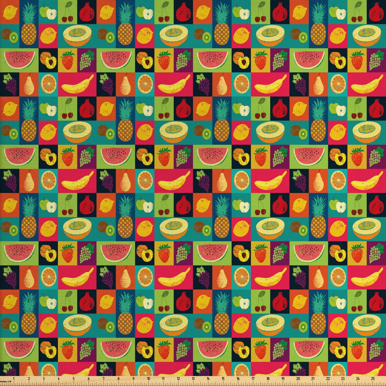 Retro Fabric by The Yard, Pop Art Grunge Style Fruits Colorful Vintage