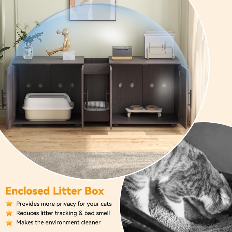 TROPOW Double Litter Box Enclosure,55" Furniture for 2 Cats, TV Stand,Waterproof Easy-Clean Surface,Cabinet Buckles & Storage Grooves,Suitable for living room, furniture decoration