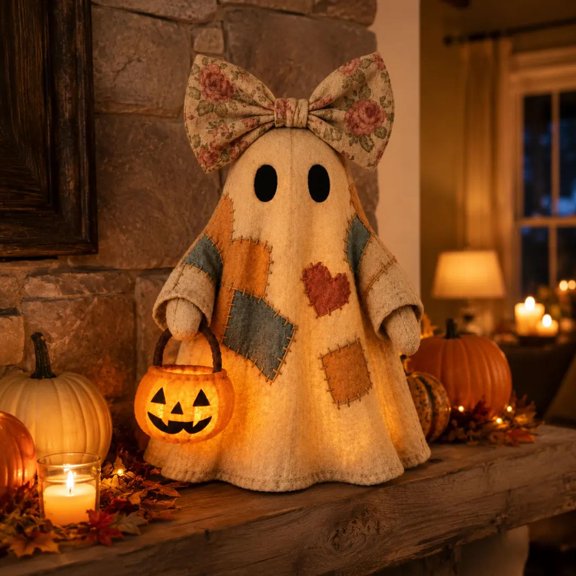 Lighted Vintage Patchwork Ghost Figurine, Sweet Ghost with Pumpkin Lantern, Patchwork Ghosts Lamp, Rustic Farmhouse Fall Spooky Decoration for Mantel Shelf Entryway Porch