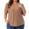 thumbnail image 2 of Women's Plus Tops Hollow Casual V Neck Short Sleeve Summer Blouse Shirts 2X Camel, 2 of 6