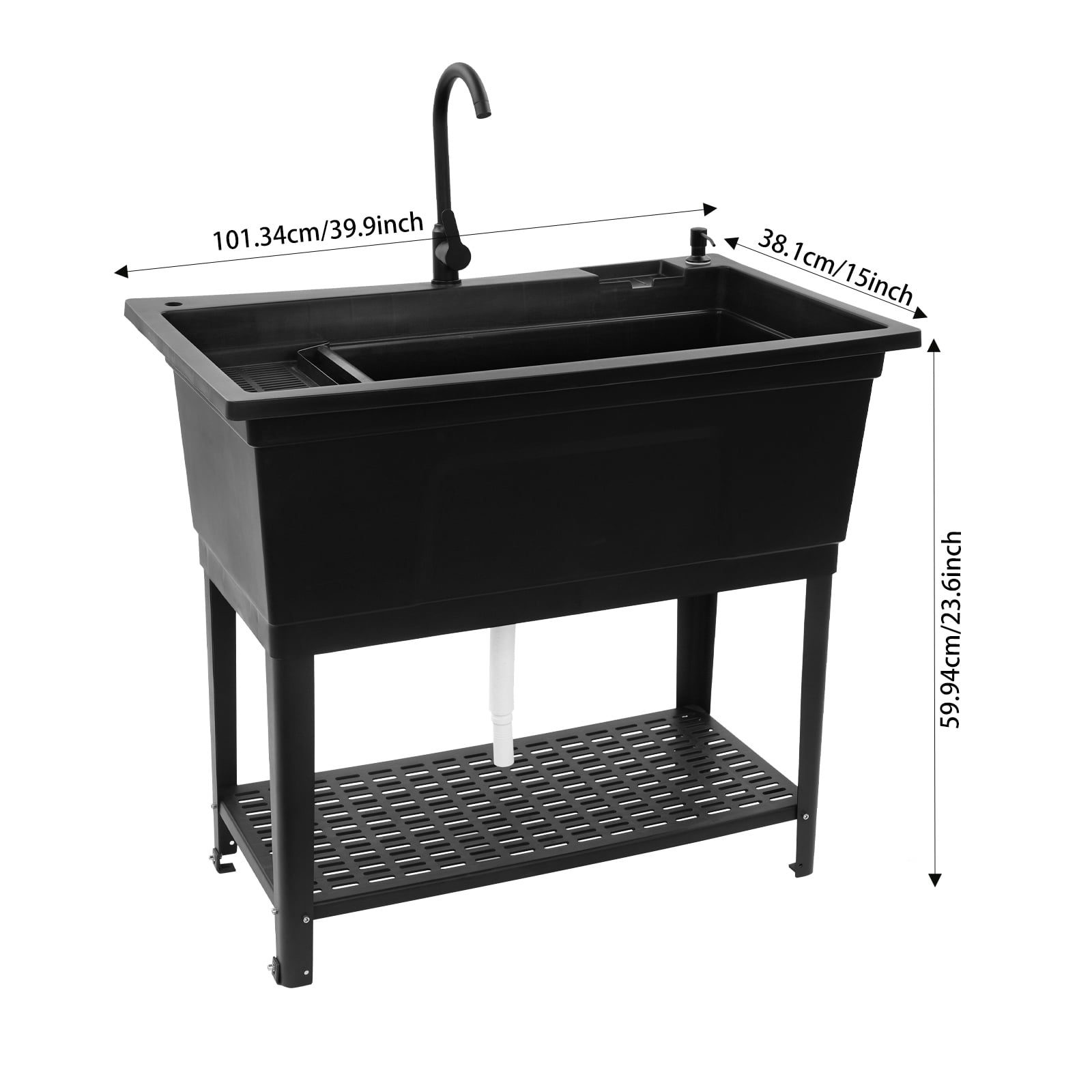 Black PP Kitchen Sink 101.4x60x38cm Independent Heavy-Duty Sink Household Multifunctional Drain Basin