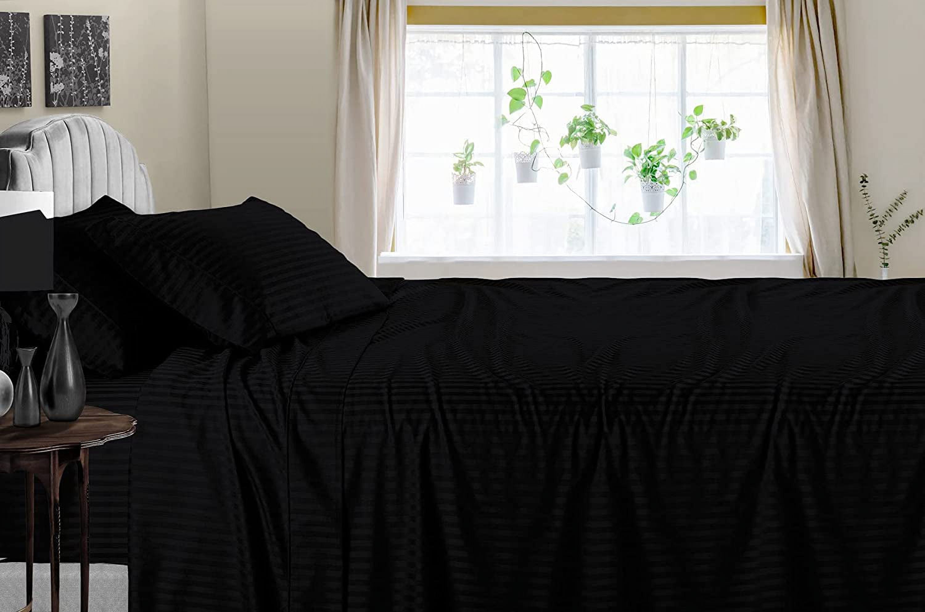 7 Piece Bamboo Bed Sheet for Bed - 100% Pure Bamboo - Fit 22" Inch Deep Pocket Silk Feel and Comfortable, Cooling, Anti-Static, Easy Care, Soft and Luxury - Black Stripe, King Size.