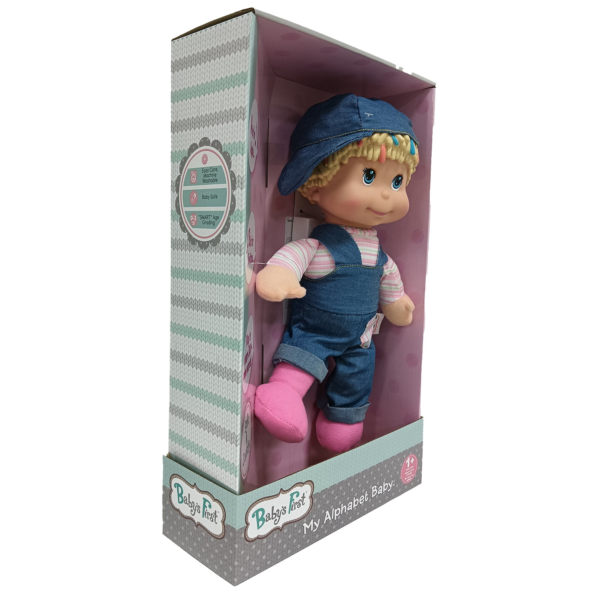 Goldberger Baby's First: My Alphabet Boy Doll - Blue Denim Overalls -  Interactive Singing Musical Doll, Teaches ABC's & Fun Words, Soft Toy, Kids-Toddler Age 1 year & Up