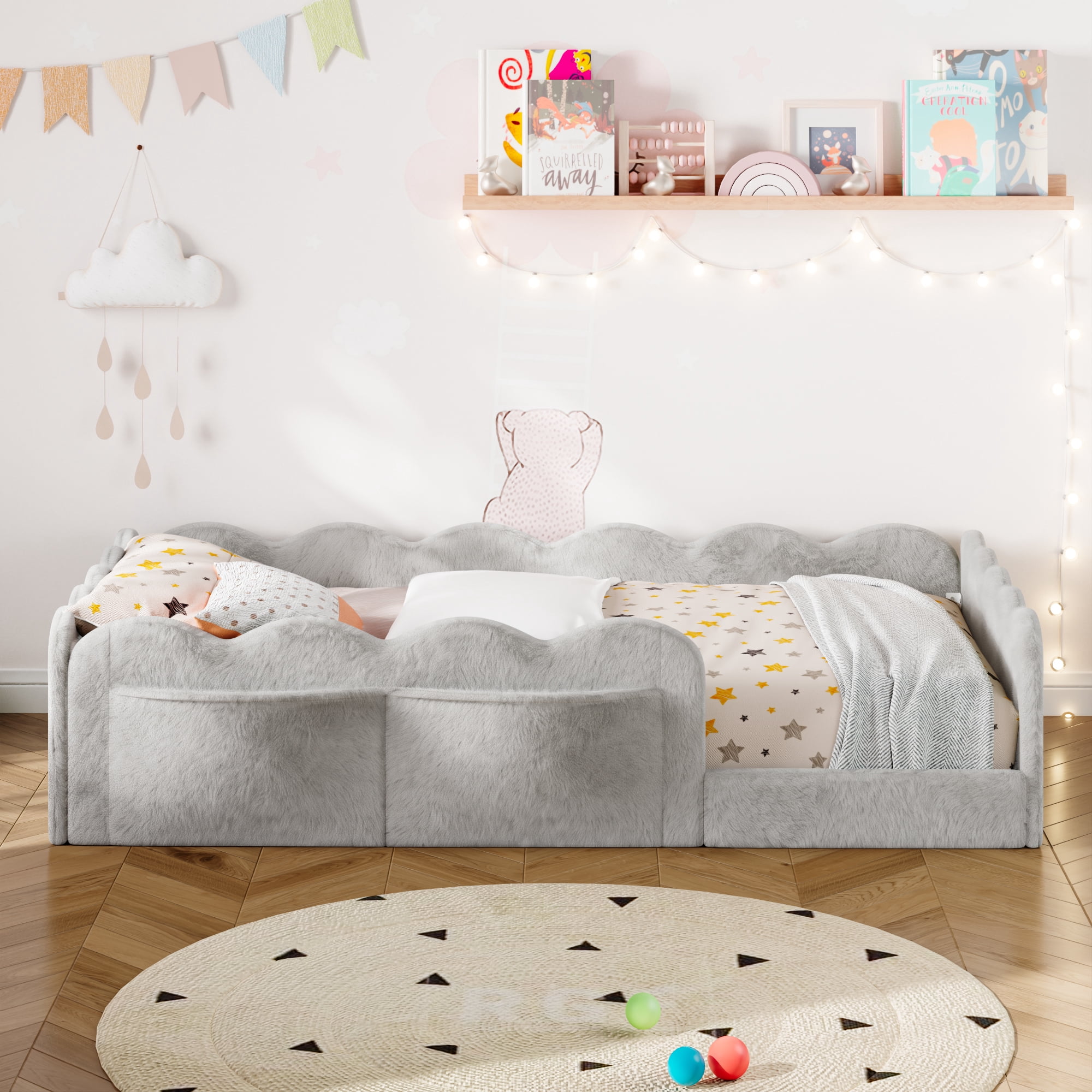 Howcool Montessori Upholstered Floor Bed with Soft Wave Guardrails,Twin Size Rabbit Plush Toddler Bed with Storage Pockets,Light Gray