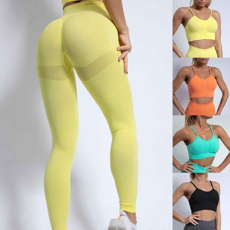 YIWEI Women Leggings Crop Top Sports Bra Fitness Workout Gym Yoga Pants  Seamless Yellow Pants S 