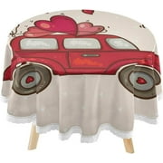 SKYSONIC Valentines Day Red Car Round Tablecloth 60inch with Lace Indoor Wrinkle Free, Heart Cute Vintage Circular Table Cover Washable Farmhouse Tabletop for Kitchen Dining Decor
