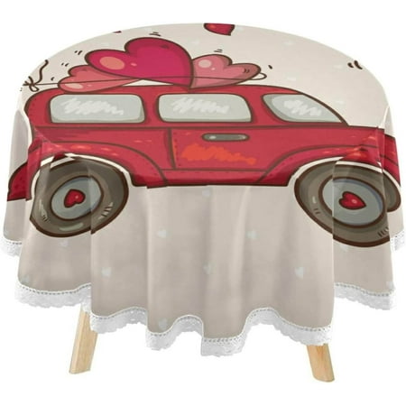 SKYSONIC Valentines Day Red Car Round Tablecloth 60inch with Lace Indoor Wrinkle Free, Heart Cute Vintage Circular Table Cover Washable Farmhouse Tabletop for Kitchen Dining Decor