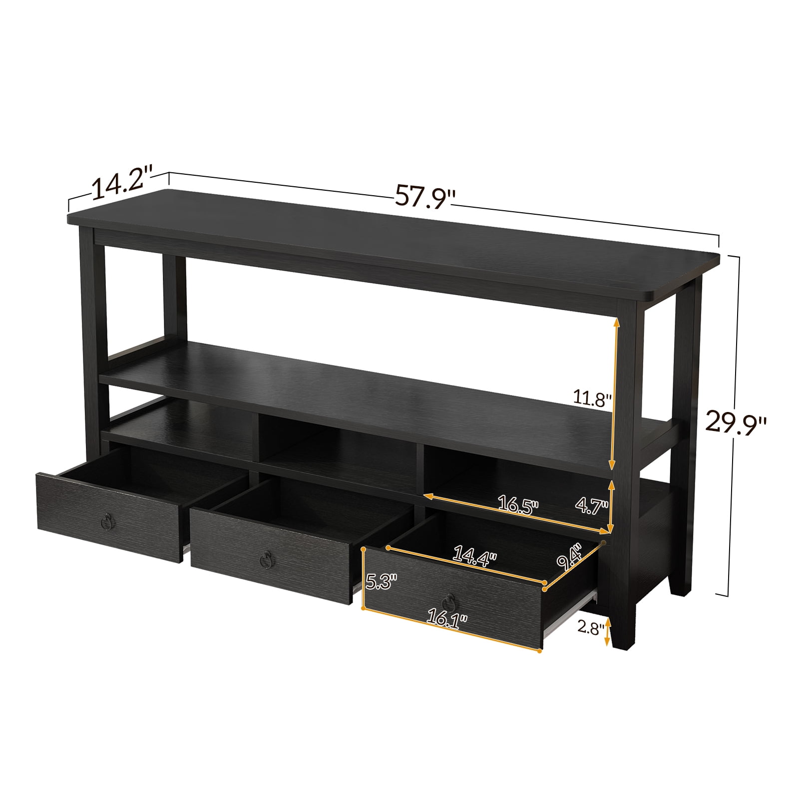 3-Tier Vintage Industrial Console Table with 3 Drawers, Black Wood Entryway Sofa Table for Living Room
