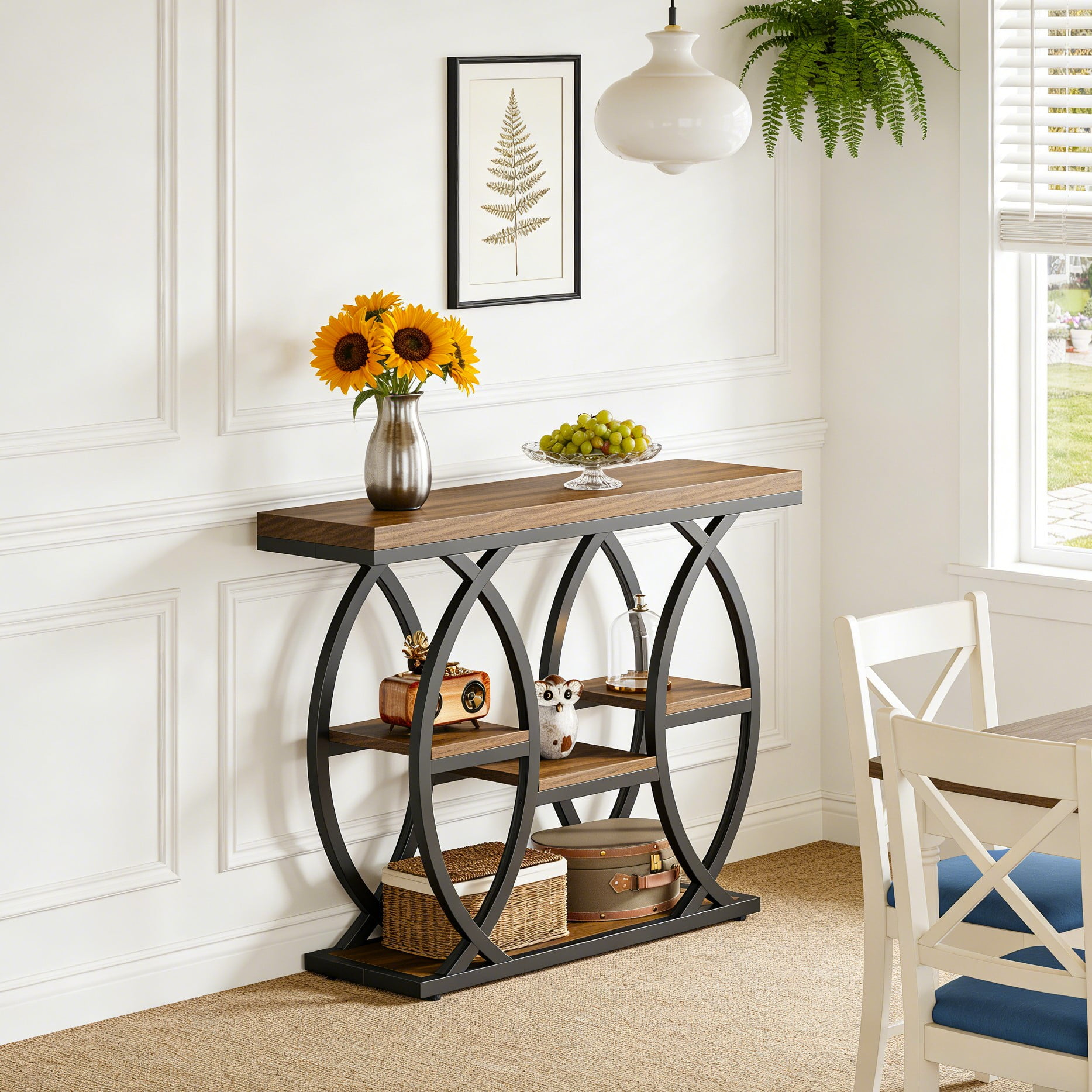 Fnova 39.4" Industrial Console Table, 4-Tier Retro Staggered Storage Shelves, Narrow Wood Accent Table with Metal Frame, for Small Spaces, Entryway, Sofa, Hallway