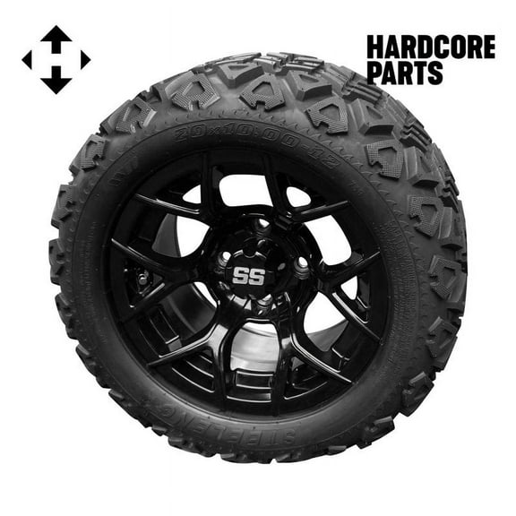 Hardcore Parts 12" Black 'Rally' Golf Cart Wheels and 20"x10"-12" DOT rated All-Terrain tires - Set of 4, includes Black 'SS' center caps and 1/2x20 Black lug nuts