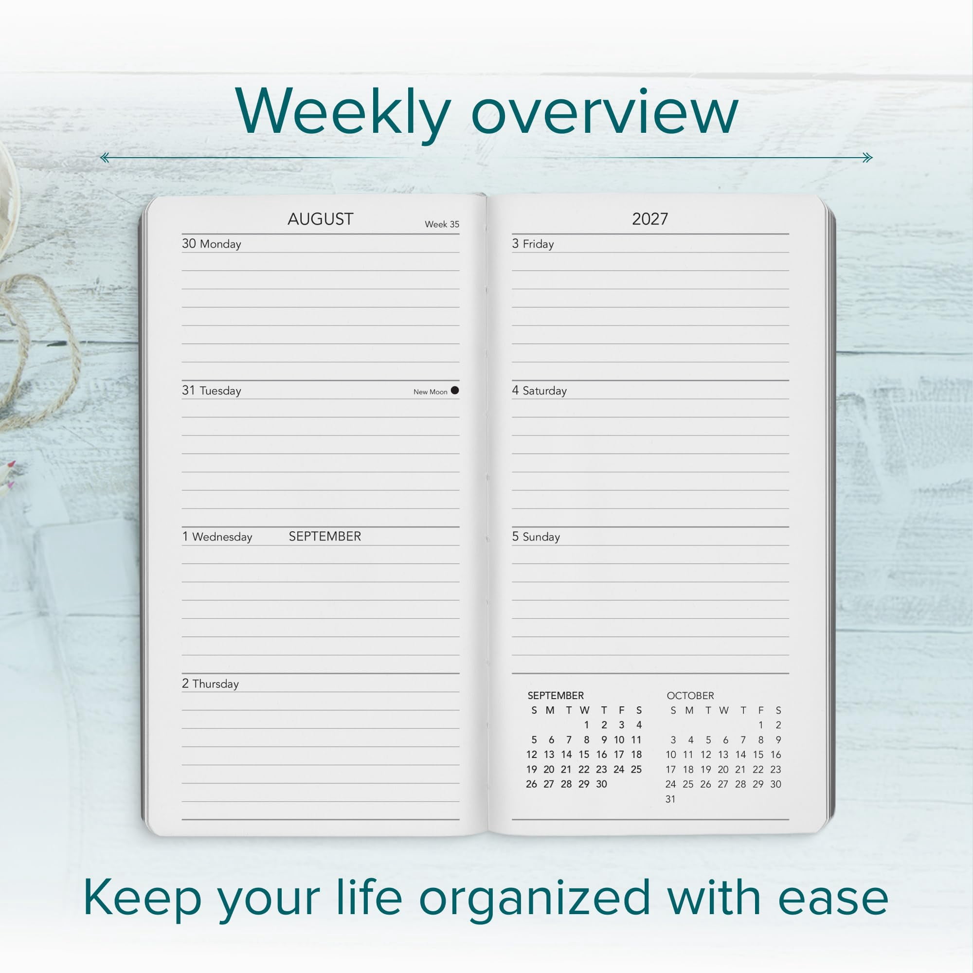 Harbor Pocket Weekly Monthly Planner 2027, Calendar Planner and Notebook, Durable Faux Leather, 192 Pages, Softcover & Book Bound - Leida Pine - 6x3.25"