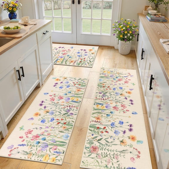 Findosom Floral Non-Slip Kitchen Rugs Set of 3,Washable Kitchen Mat Farmhouse Kitchen Floor Mats Runner for Home Sink Entrance Laundry Hallway,20"x32" 20"x47" 20"x59" Beige