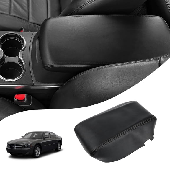 KBH Center Console Lid Cover Replacement for Dodge Charger/Chrysler 300 2008-2010, Armrest Upholstery Cover for Car Accessories Interior, Black Leather Skin Only