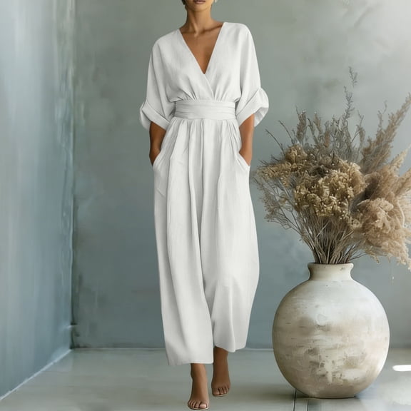 purcolt Womens Half Sleeve Wide Leg Jumpsuits Elegant V-Neck Business Office Jumpsuit Waist Cinch Dressy Casual Rompers (Available in Plus Size)