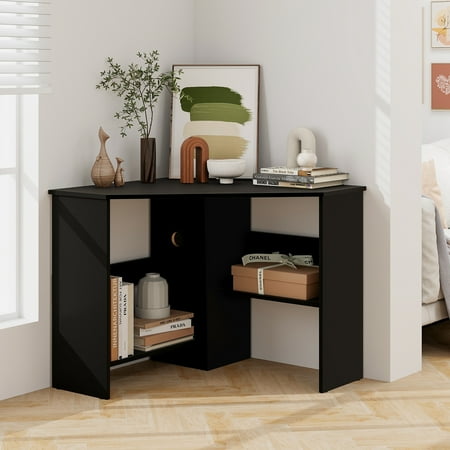 Costway Corner Computer Desk Triangle Writing Workstation w/ Storage Shelf - Black