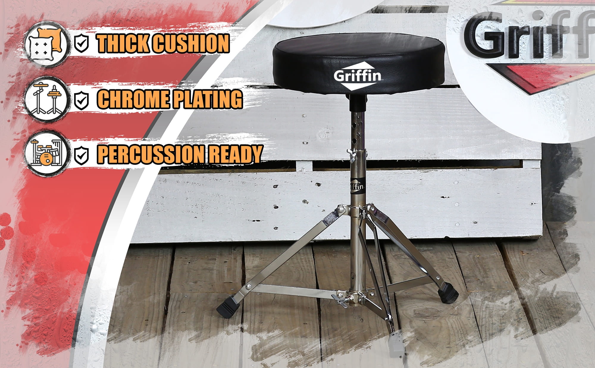 Griffin Drum Throne - Padded Percussion Seat Drummers Stool Guitar Chair Stand