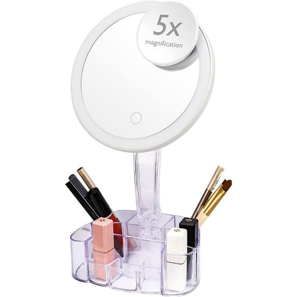 Lighted Makeup Mirror, Lighted up Smart Desk Mirror with 5X Small Compact Magnifying Mirror for Makeup 90 Degree Rotation Touch Screen, Dual Power Lighted Vanity Mirror