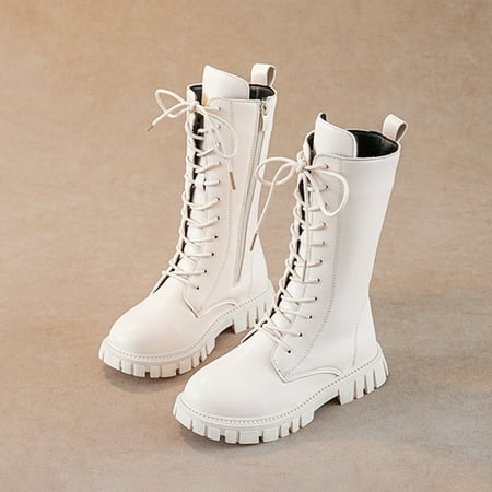 

Girls Lace-up Faux Leather Mid-calf Zipper Boots With Platform For Winter