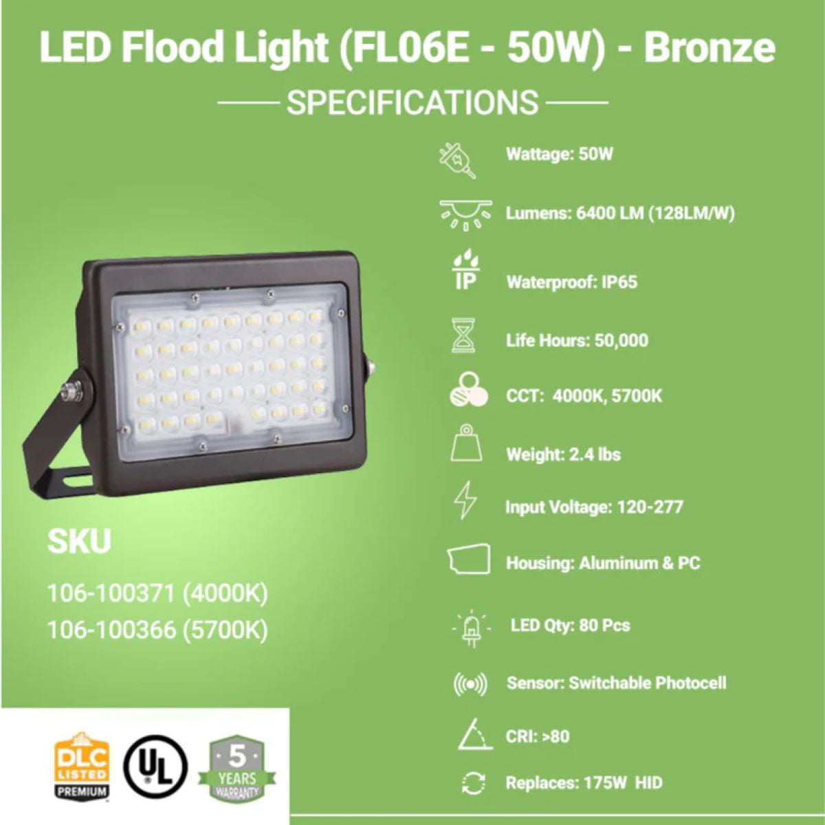 GREENLIGHTDEPOT LED Flood Light - 50W - 6400 Lumens - FL06E - Photocell Included - UL+DLC5.1 (4000K)