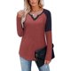 thumbnail image 2 of Camisa de Mujer Cuello en V Contraste Color Manga Larga Top Camiseta Interior Poliéster para Otoño Invierno Rojo XXL, 2 of 6