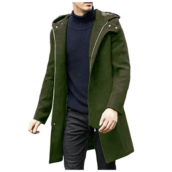 Caqnni Men's Winter Coat Wool Trench Overcoat Casual Single Pea Top Jacket (Green,L)