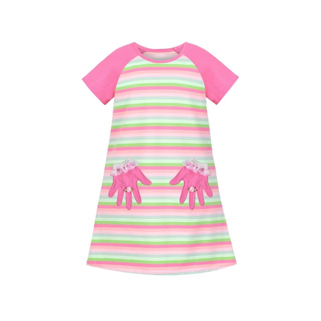 Robe T-shirt Fille Coton Poche Main Anneau 3D Rayure Manches Courtes 4 Ans
