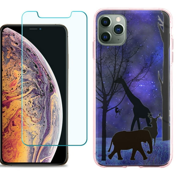 For Apple iPhone 11 Pro Max Case , Slim-Fit TPU Protective Phone Case (Pink Bezel) with Tempered Glass Screen Protector, by OneToughShield ® - Midnight Safari
