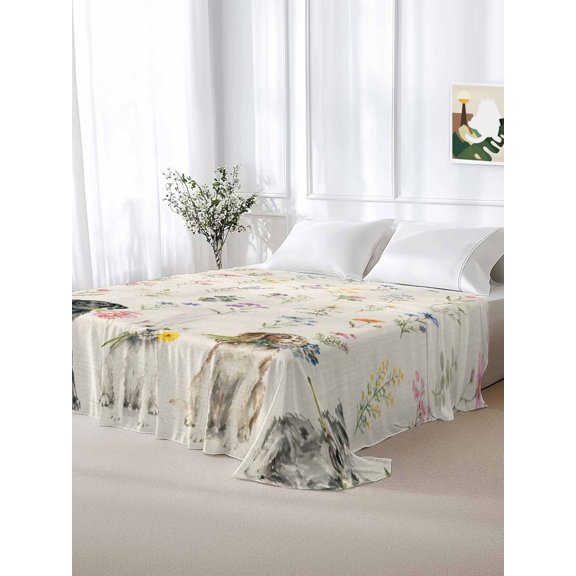 California King Size Flat Sheet Only,Cute Dog Country Flower Seamless Soft Top Bed Sheets Breathable Bedding Sheet Retro Linen Microfiber Hotel Luxury Top Sheets