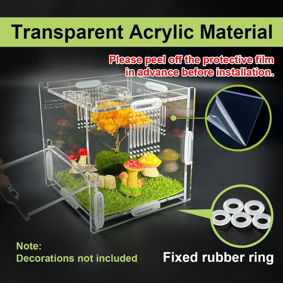 Jumping Spider Enclosure, 4" X 4" X 4" Acrylic Spider Habitat, Front Opening Small Reptile Terrarium with Matrix Ventilation Holes & Feeding Holes, for Jumping Spider Snail Insect