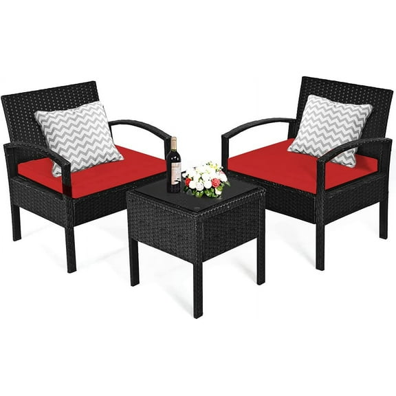 DORTALA 3 Pieces Patio Furniture Set, Outdoor Rattan Conversation Set with Cushions & Coffee Table, Wicker Furniture Set for Garden Balcony Backyard Poolside, Red