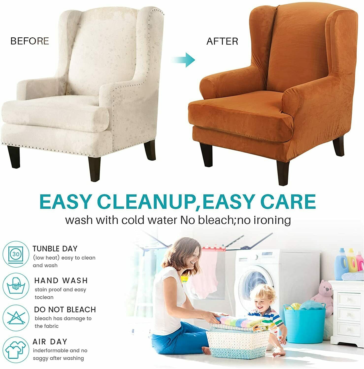SHANNA Wingback Chair Slipcover Sofa Furniture Protector 2-Piece Armchair Covers with Seperate Seat Cushion Cover
