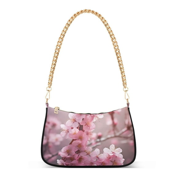 Womens Chain Shoulder Bag Blooming Cheery Flowers Classic Tote Handbags Fashion Clutch Hobo Purse with Zipper for Travel Casual