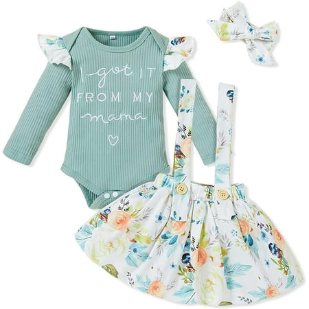 

WISWELL Newborn Infant Baby Girl Suspender Skirt Sets Short Sleeve Ruffled Tops Floral Dress Headband Fall Clothes (Green 3-6M)