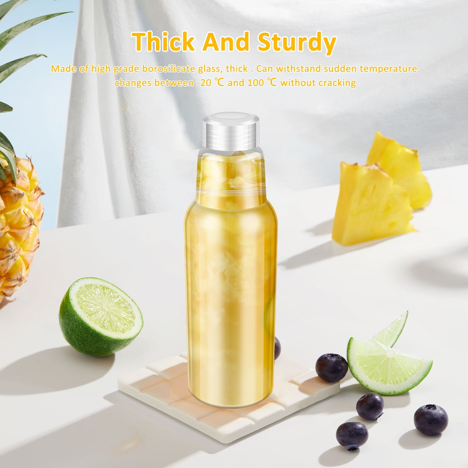 Clear Glass Bottles with Lids 34oz, Reusable Glass Water Bottles with Stainless Steel Cap for Juicing,Refrigerator,100% Leak Proof, BPA Free Eco Friendly,Set of 2