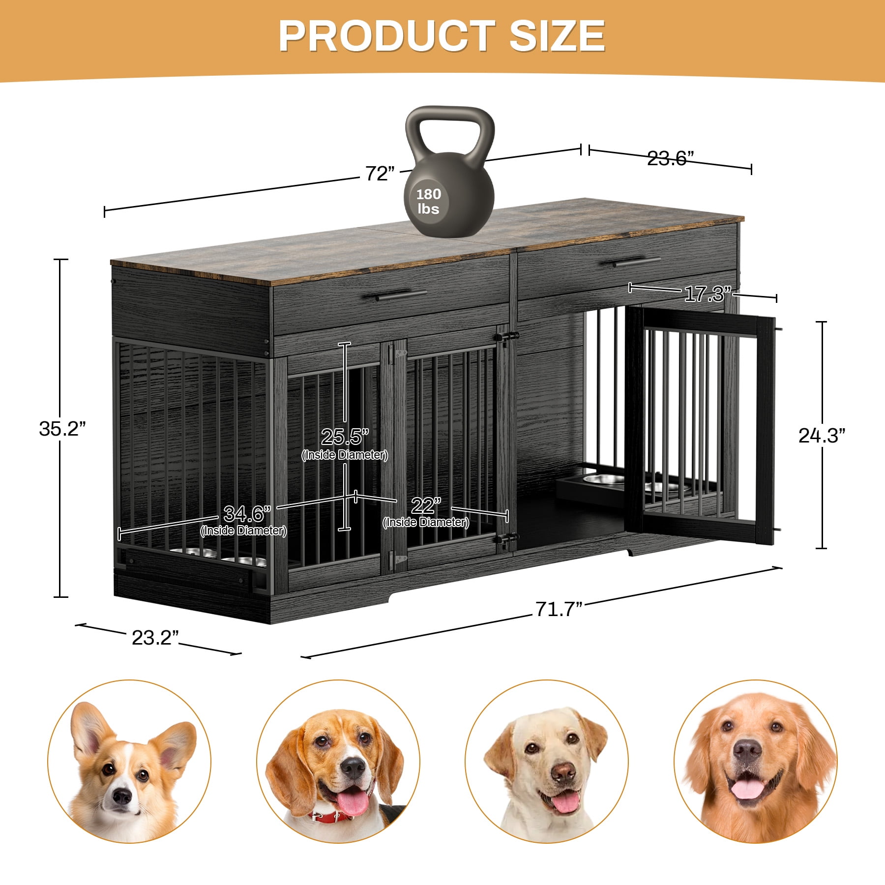 WIILAYOK 72.05" Dog Crate Furniture, Wooden Dog Kennel with 2 Drawers and 4 Dog Bowls, Heavy Duty Indoor Furniture Style Dog Cage House(Black Brown)