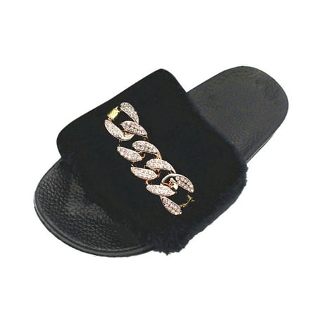 

iOPQO Women s slipper Women s Slippers Chain Crystal Sandals Summer Beach Flat Fashion Slippers Shoes Ladies Chain Rhinestone Flashing Black 39