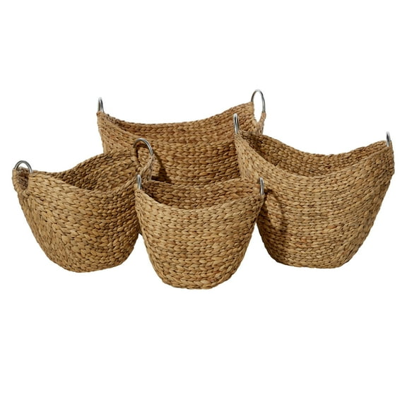 DecMode 14", 16", 19", 21"W Brown Seagrass Handmade Woven Curved Storage Basket with Silver Metal Handles, 4-Pieces