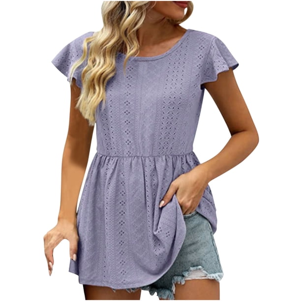Blusas casuales de manga corta con cuello redondo de color sólido para mujer OAVQHLG3B Store lin121212
