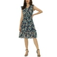 thumbnail image 2 of INSPIRE CHIC Robe pour Femme à Fleurs Manches Volantées Col en V Décontractée Smockée à Volants m Bleu Foncé Blanc, 2 of 6