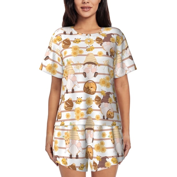Balery Cute Bee Gnome Conjunto de Pijama para Mujer con Estampado, Dos Piezas de Manga Corta y Shorts, Ropa de Dormir Suave con Cuello Redondo y Bolsillos-Large
