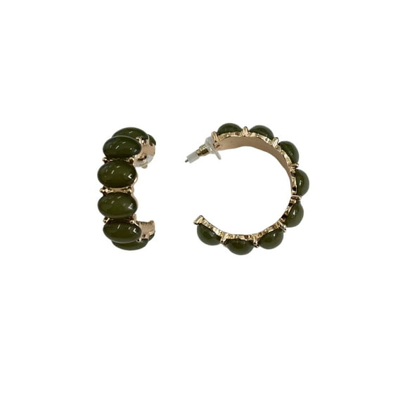 Time and Tru Cabochon C-Hoop Earrings Gold Plated and Green for Female Adults and Teens