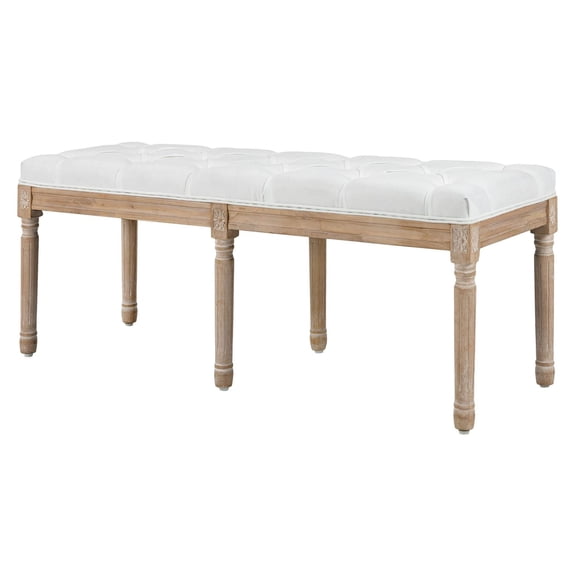 Linen Bedroom Bench, French Style End of Bed Bench with Wooden Legs, Cream White - Vintage Entryway Bench for Living Room, Hallway