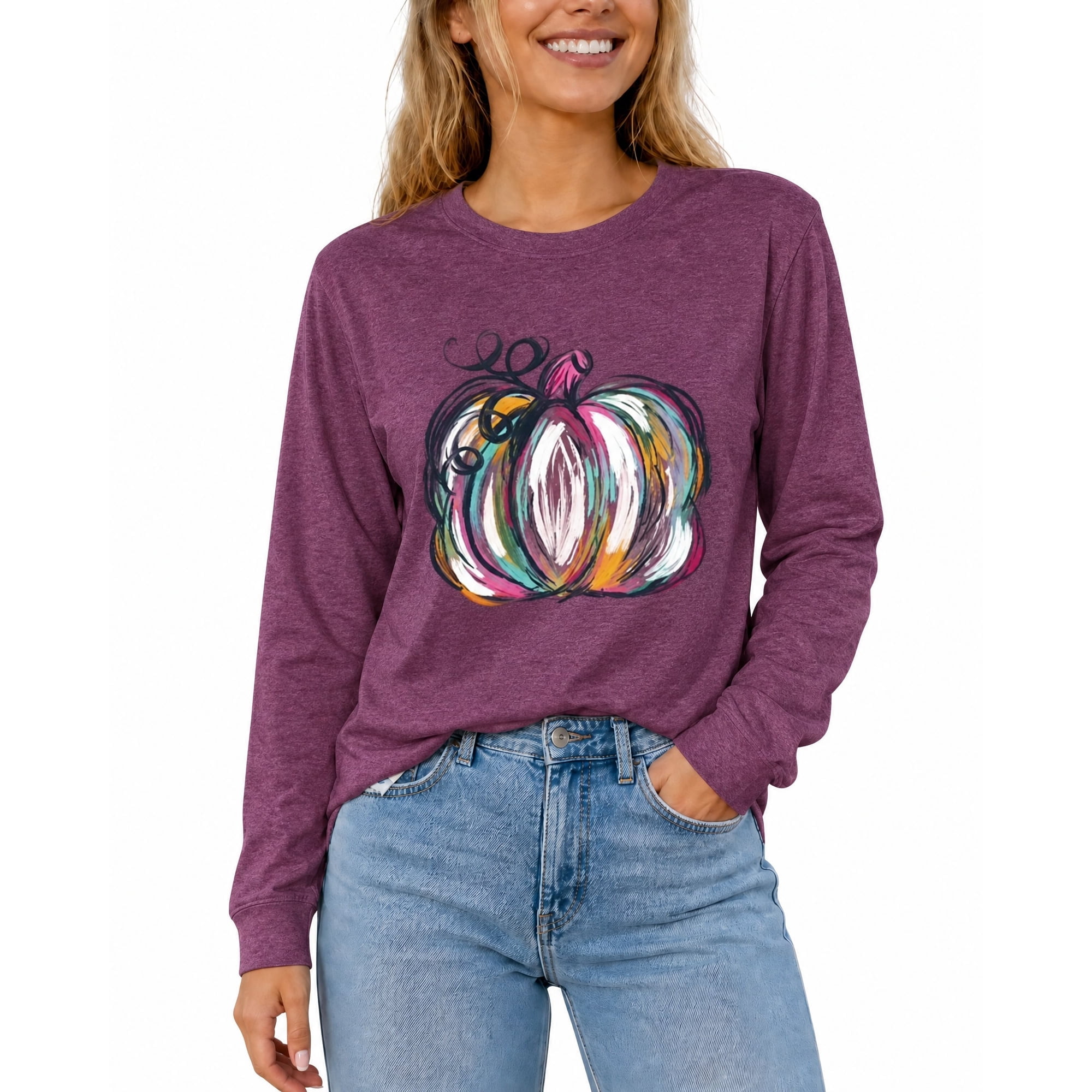 VNJQPG Women's Fall Colorful Pumpkin Graphic Crewneck Long Sleeve Tee(C8 - Burgundy,L)