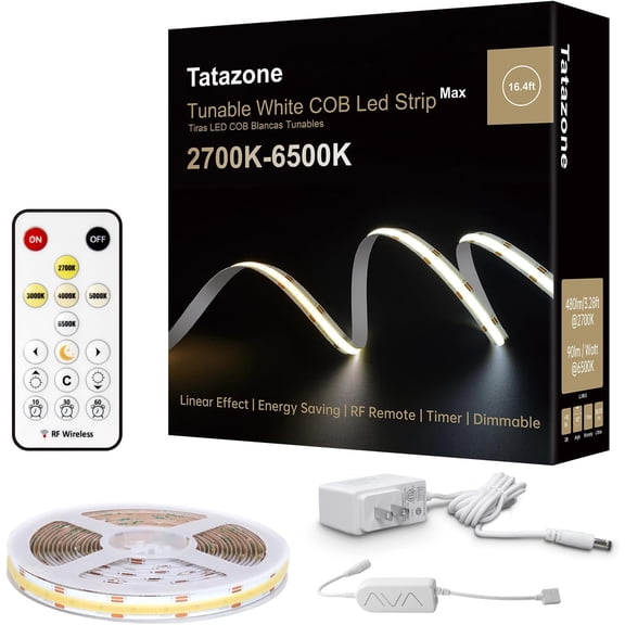 6.56ft Tunable White COB Led Strip Light with RF Remote, CRI93 Dimmable CCT 2700K-6500K COB Led Tape Lights, Adhesive 3PIN Dual Color Led Light Strip for Bedroom, Kitchen, Cabinet