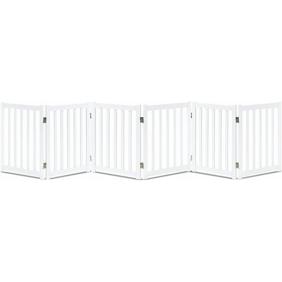 LZRS 6-Panel Extra-Wide Freestanding Wooden Dog Gate Indoor – 24”High Foldable Safety Pet Barrier for Doorways, Hallways, Kitchens, and Long Staircases, Durable Design fit Small to Medium Dogs, White