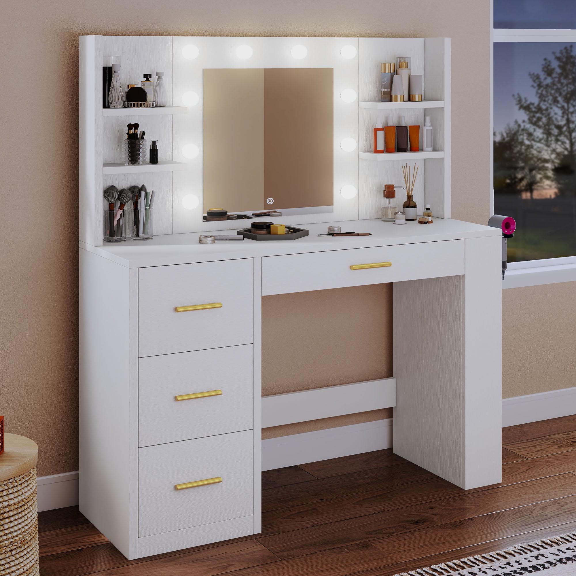 DEXTRUS 4 Drawers Vanity Table with Mirror, Power Outlet & 8 Shelves for Bedroom, White