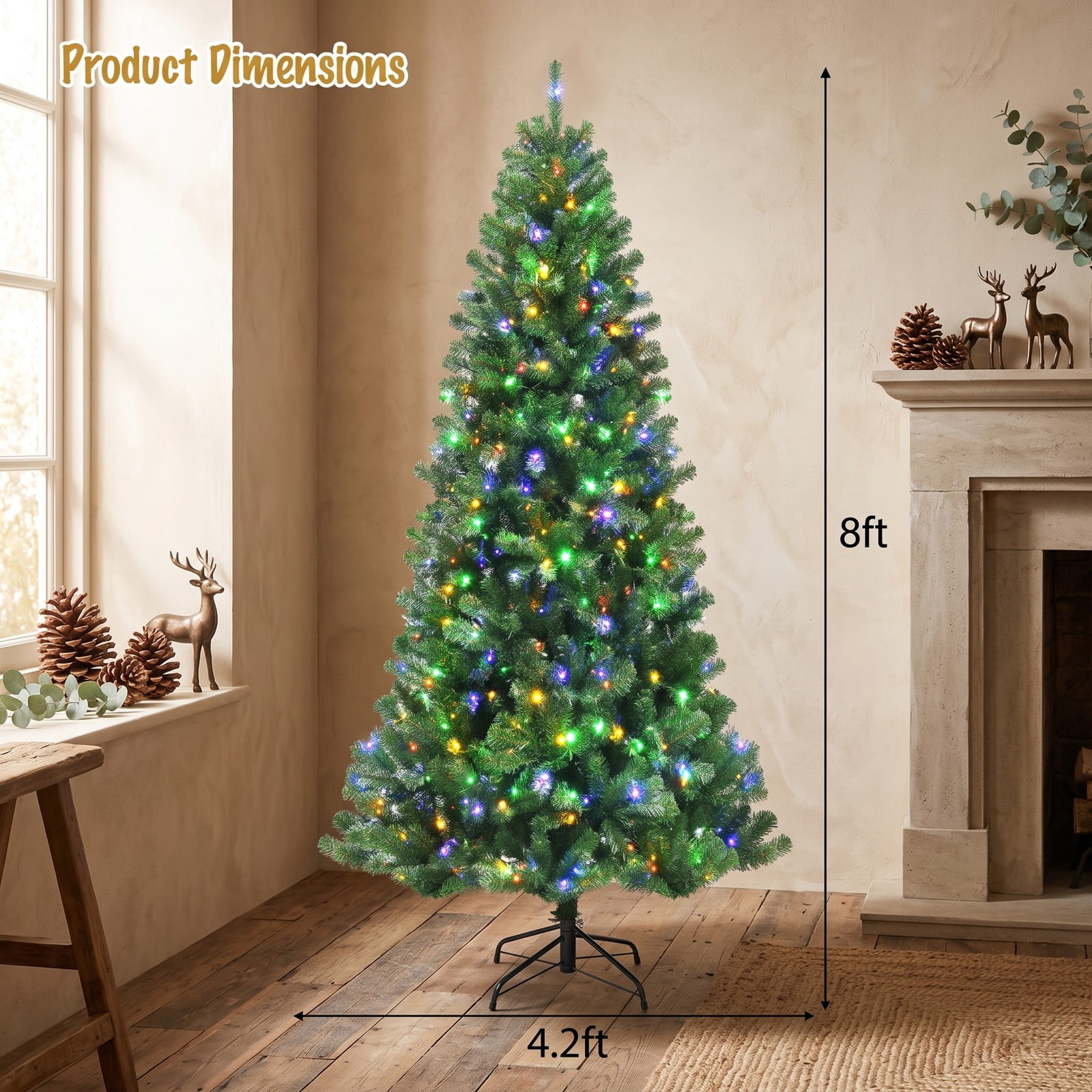 RUIE 8FT Pre-Lit Artificial Hinged Christmas Tree with 600 Remote-Controlled Color-Changing LED Lights, 1605 Tips Full Xmas Holiday Tree with Metal Stand, Green